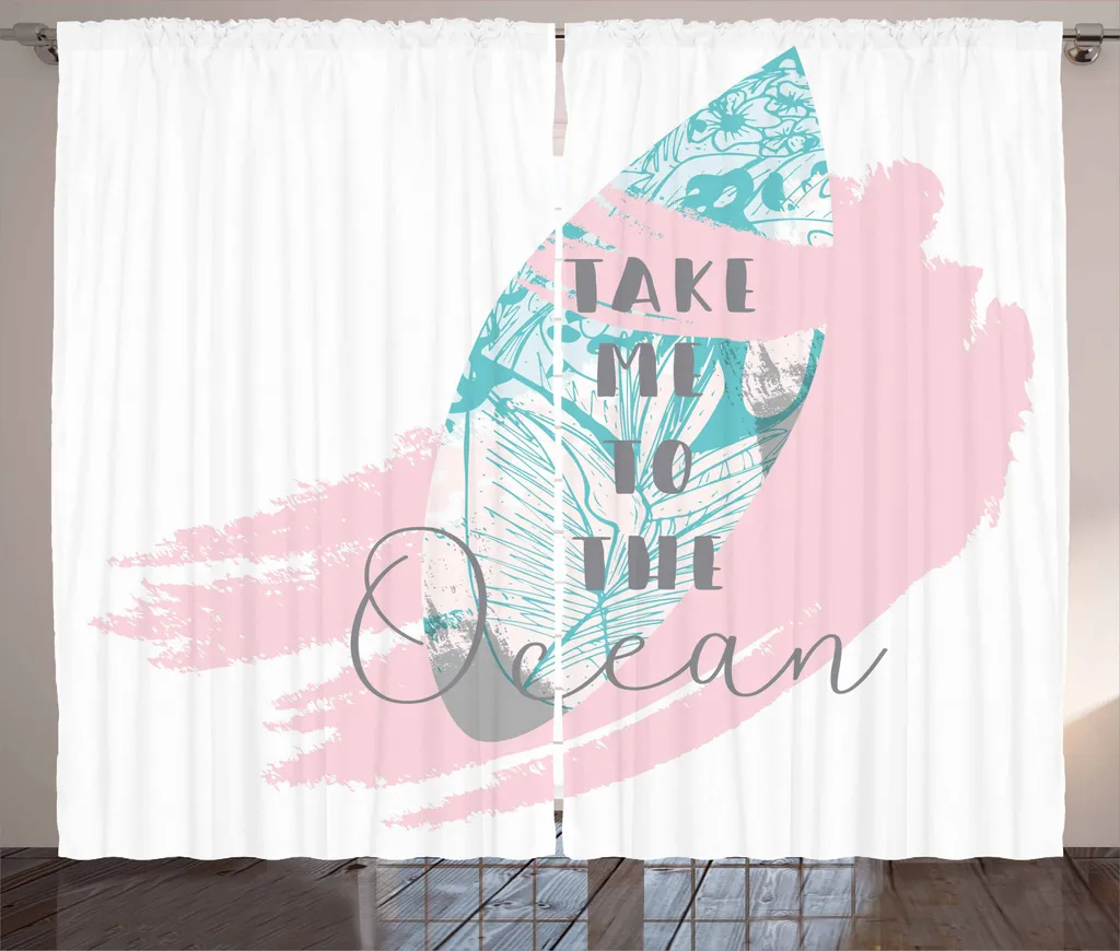 ABAKUHAUS Citazione da spiaggia Tenda rustica, Portami sull'oceano, Tende universali per soggiorno con passanti e ganci, 280 x 225 cm, grigio antracite, blu cadetto e rosa chiaro