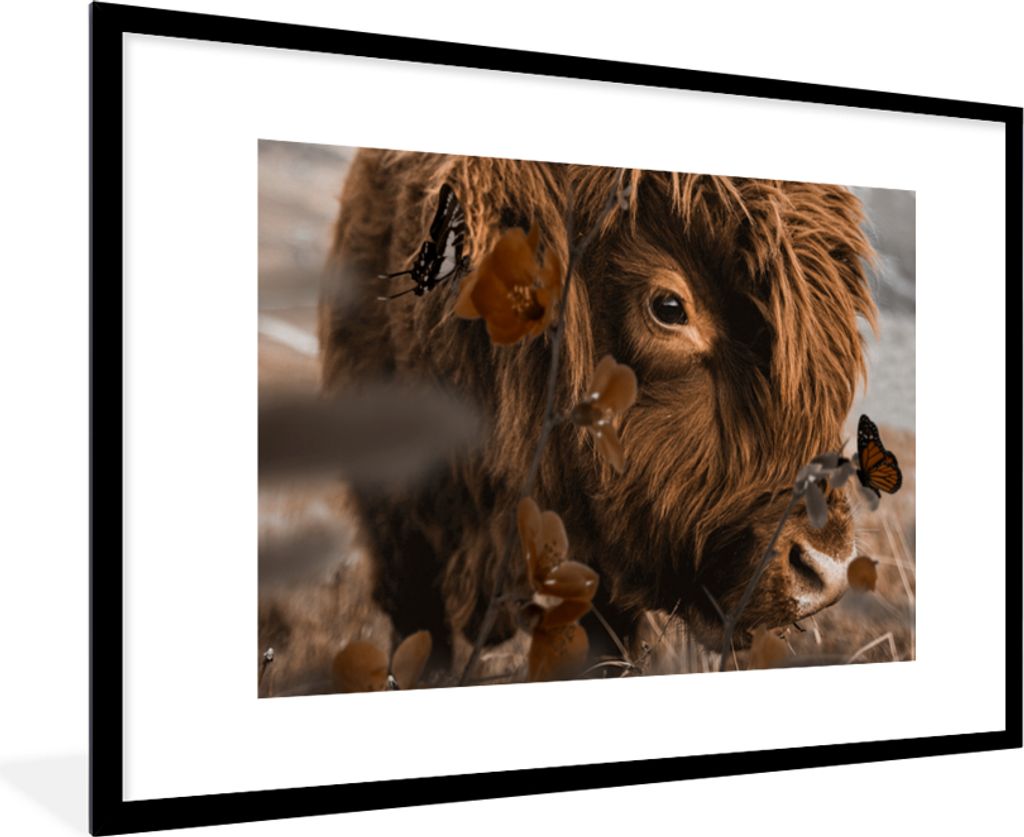MuchoWow Gerahmtes Poster Schottische Highlander - Schmetterlinge - Blumen 90x60 cm - Poster mit Schwarzem Bilderrahmen Wandposter Rahmen Foto Bi...
