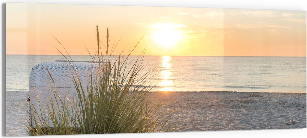 DEQORI Glasbild Echtglas 150x60 cm 'Ostseestrand am Abend' Wandbild Bild modern Deko