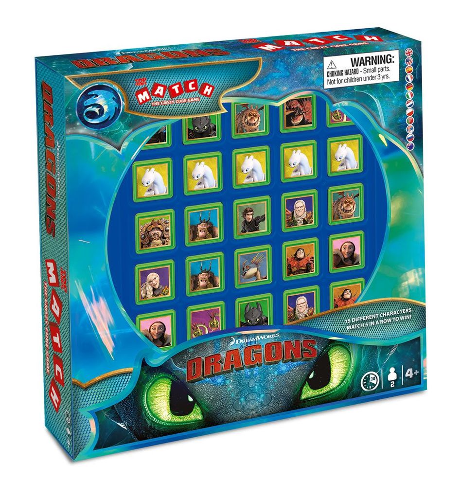 The image shows the front of a board game box for the "MATCH Dragons" game, featuring characters from the "How to Train Your Dragon" franchise.