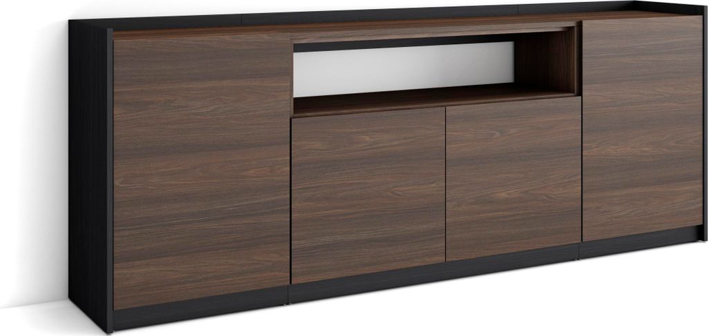 Sideboard, Highboard, 207x37x80cm, 4 Türen, Wohnzimmer, Küche, Dunkler Eiche und Schwarz