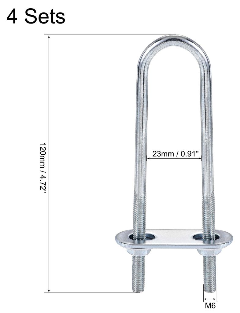 4 Satz Runde U-Bolzen Stahl M6 mit Mutter Platte Scheiben 23mm Innen 120mm Lang