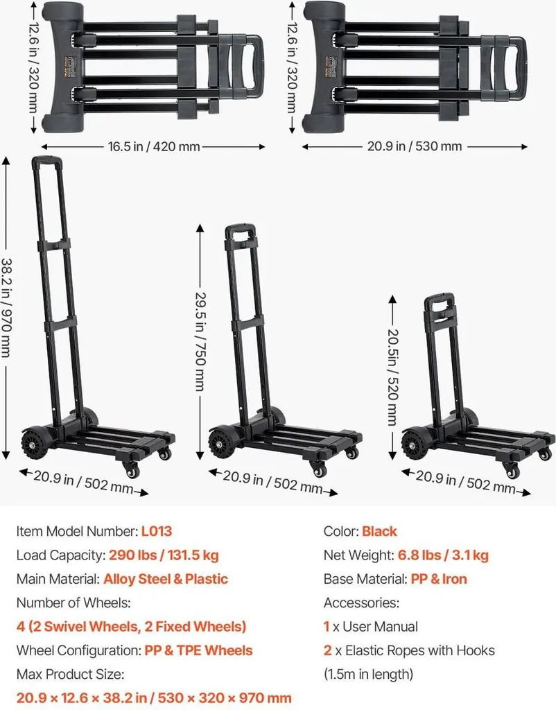 Chariot à main pliable 290 lb - Chariot à plate-forme robuste Modèle C2 - 7