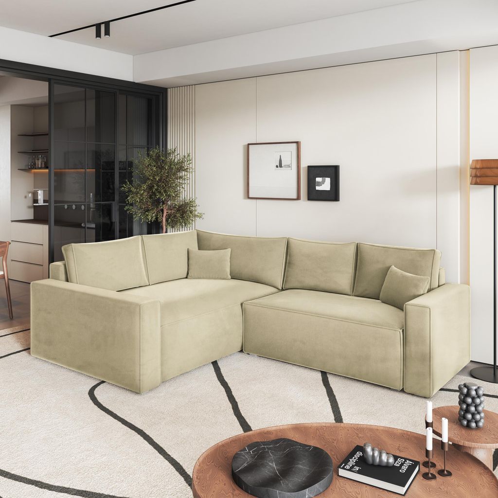 Masseno Ecksofa ERONIS L-S mit Schlaffunktion L-Form, Sofa mit Bettkasten, Wohnzimmersofa, Couch, Soffa, Bettsofa, Couchgarnitur- Creme, MONOLITH 04