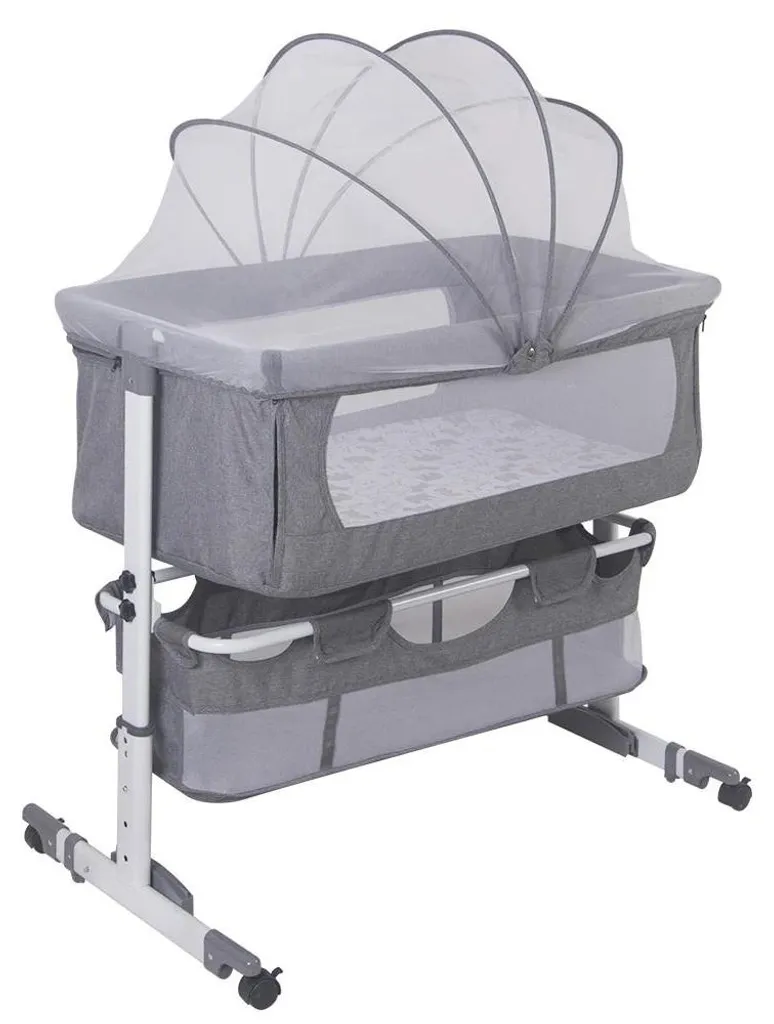 Lit bébé réglable en hauteur gris avec barreaux de sécurité et roulettes
