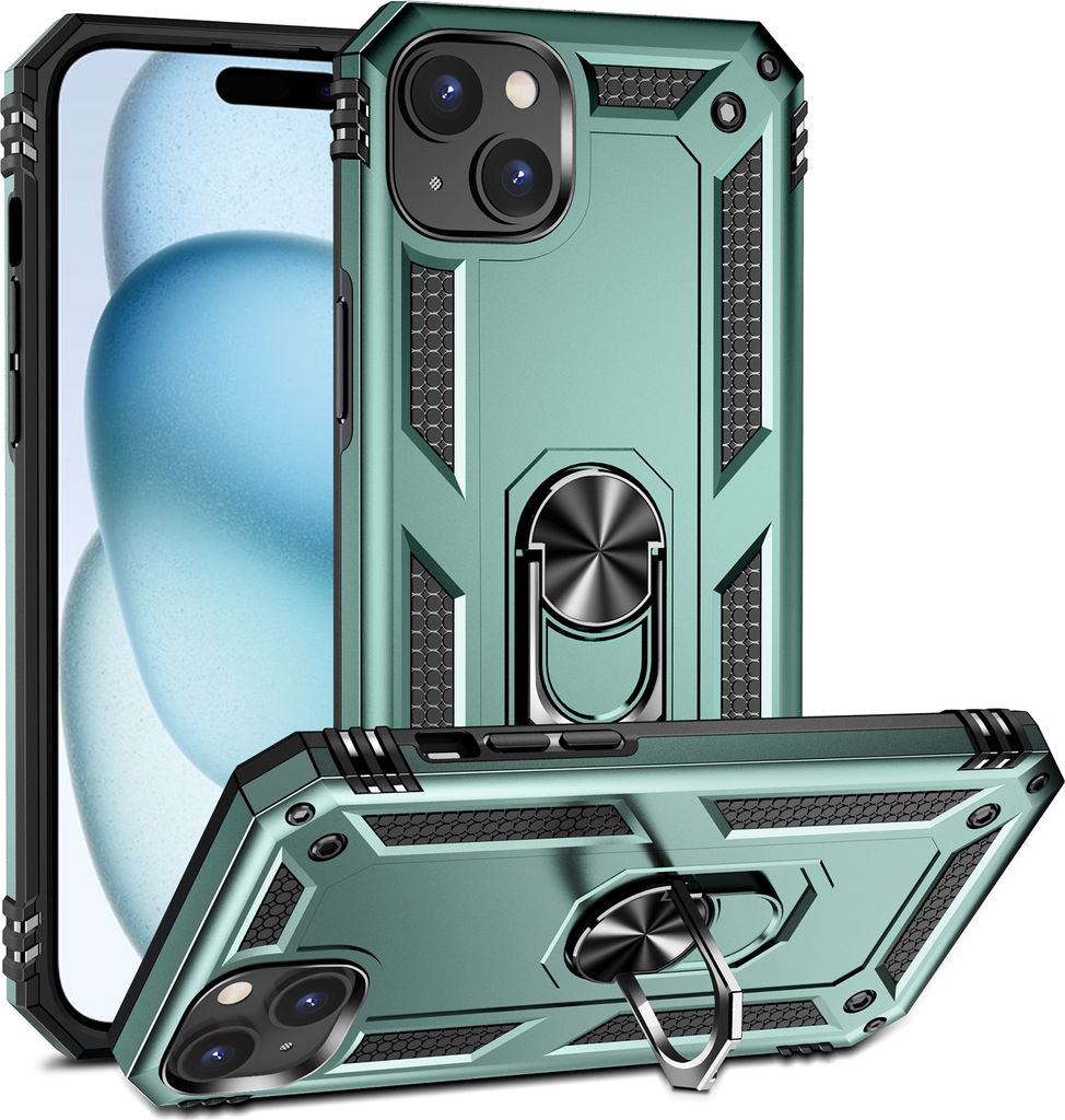Schutzhülle für iPhone 15, Dual Layer Militäre Fallschutz Hülle mit Ringhalterung Ständer für iPhone 15 Grün