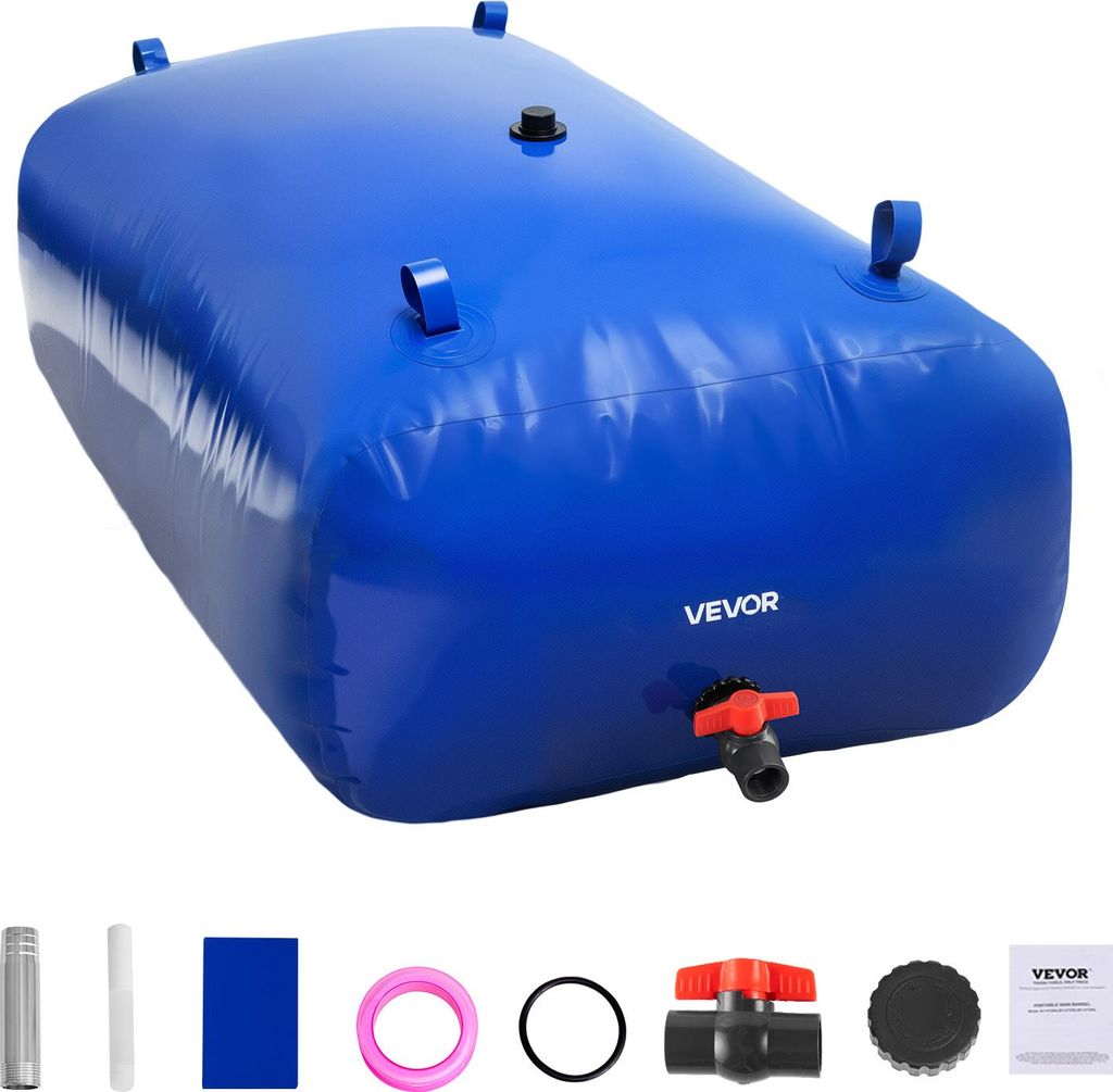 A blue collapsible water bladder with various accessories laid out below it.