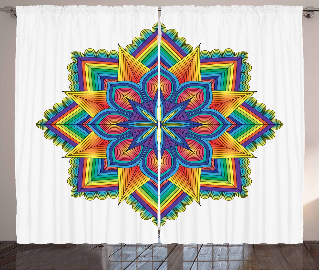 ABAKUHAUS Regenbogen-Mandala Rustikaler Gardine, Blütenblatt, Schlafzimmer Kräuselband Vorhang mit Schlaufen und Haken, 280 x 175 cm, Mehrfarbig