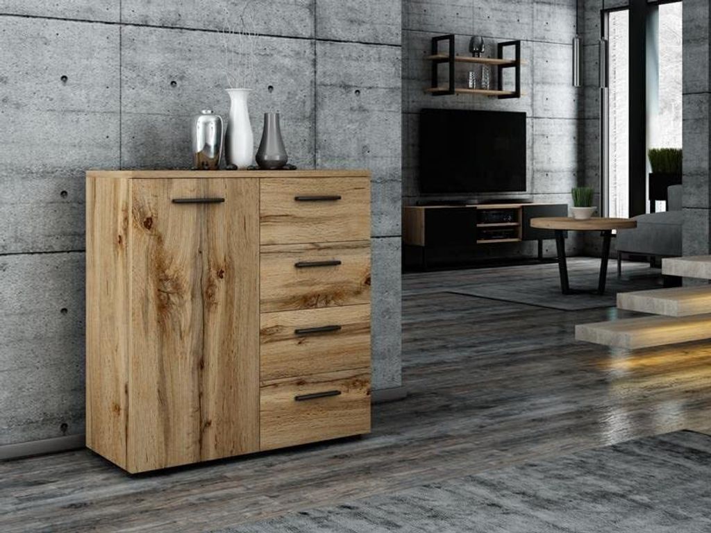 MATKAM Kommode Helena B80 x H84,5 x T35 cm, Sideboard mit 4 Schubladen und 1 Fächer mit Türen, ideal für Büro, Diele, Wohnzimmer (Wotan Eiche)