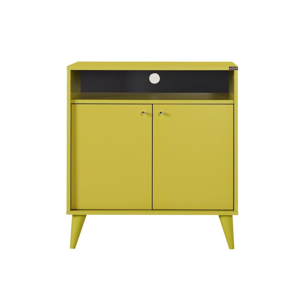 A yellow cabinet with two doors and an open shelf on top, set against a white background.