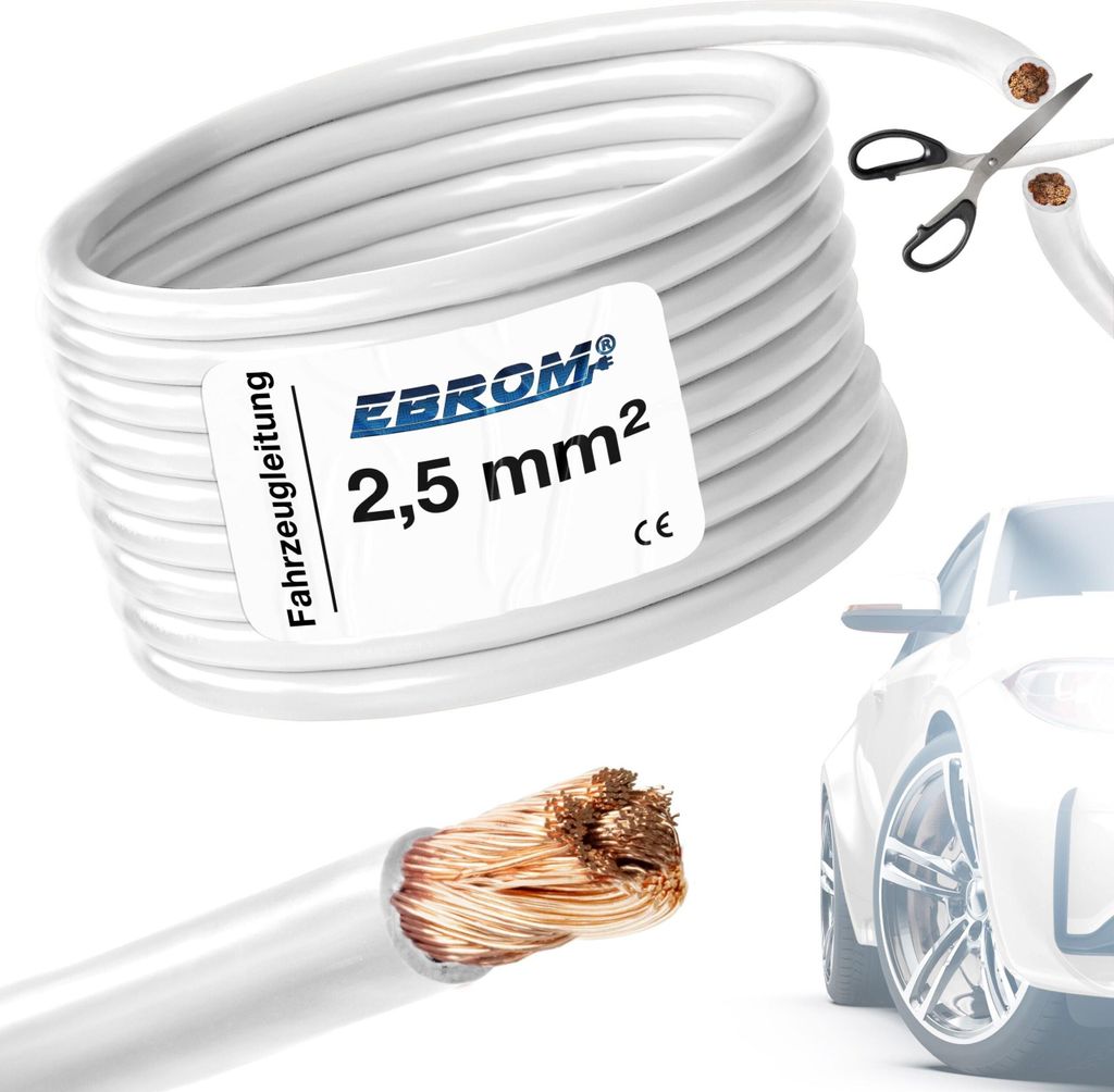10 Meter EBROM FLRY 2,5mm2 Fahrzeugleitung - KFZ Leitung - Farbe: weiß (weiss) - Querschnitt 2,5 mm² (mm2) flexibel 90 ± 5 Shore 99,99% Kupfer M...