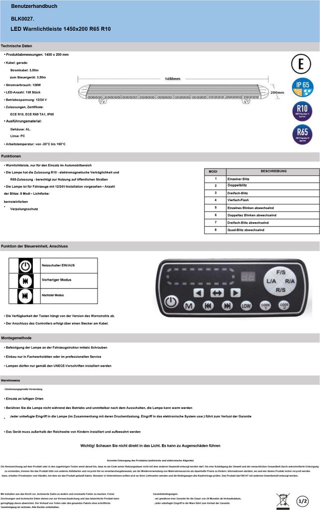 Warnbalken Warnleuchte Leuchtbalken Dachbalken LED 1450x200mm R65 8 Modi
