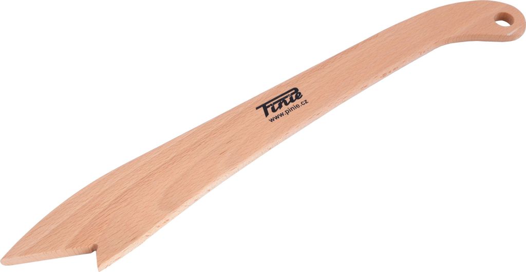 A wooden tool with a curved handle and a pointed end, placed on a white background.