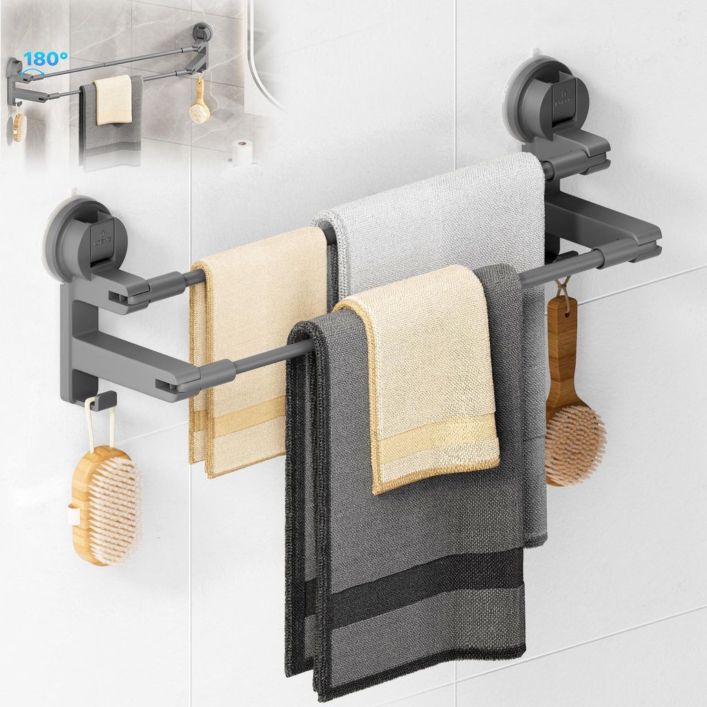 Handtuchhalter Saugnapf ohne Bohren Bad Handtuchstange Doppelt für Duschwand ohne Kleben Towel Holder mit 2 Handtuchhaken und Verstellbare Länge ...