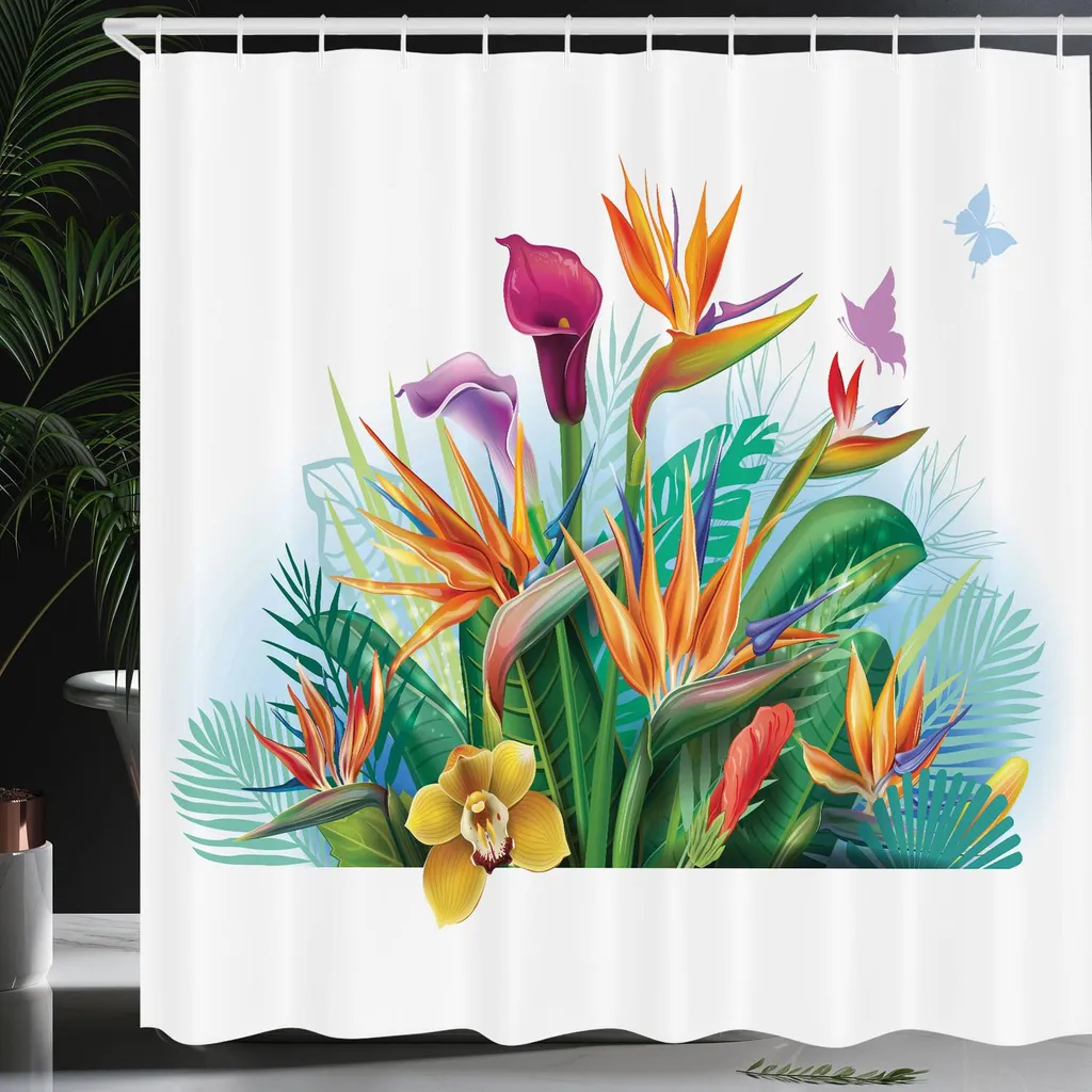 Tenda da doccia botanica, tenda da doccia autunnale con farfalle e fiori neri per decorazione del bagno, collezione autunnale vintage Luxe, tenda da doccia in tessuto impermeabile con ganci, 182 x 183