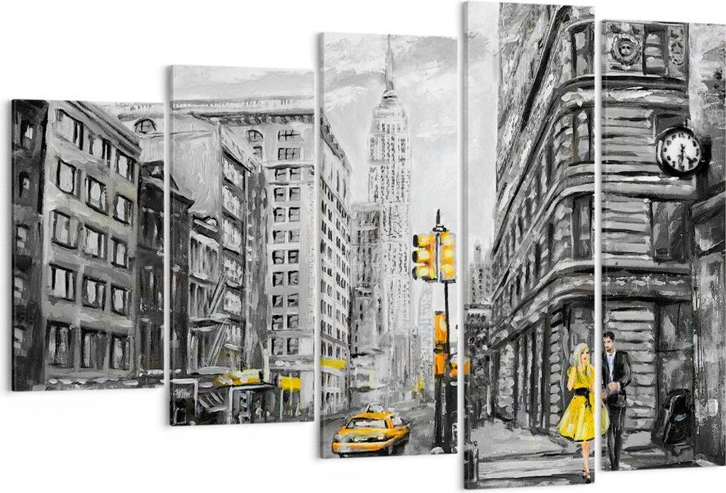 Bild auf Leinwand - Leinwandbild - Stadt Taxi Wolkenkratzer Illustration - 150x100cm - Wand Bild - Wanddeko - Leinwanddruck - Bilder - Kunstdruck -...