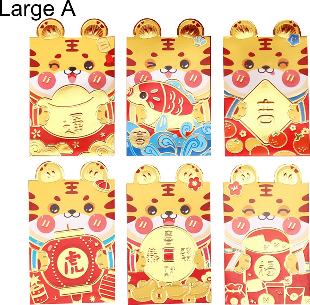 6PCS Realistische rote Tasche Verwenden Sie ausführlich Kunstpapier Cartoon Tiger Muster Glücksgeldumschlag für Festival-A ,Größen:L