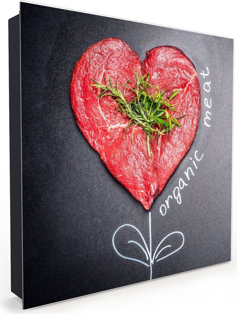 Nachbildung-Schlüsselkasten, Magnetpinnwand und Memoboard mit Glasfront Motiv Herzform aus Fleisch