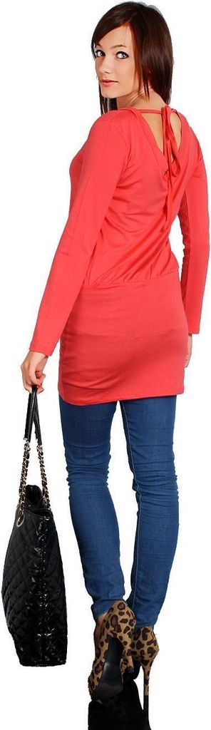 Damen Langarm Longshirt Bluse mit Rückenausschnitt; Koralle/S/M