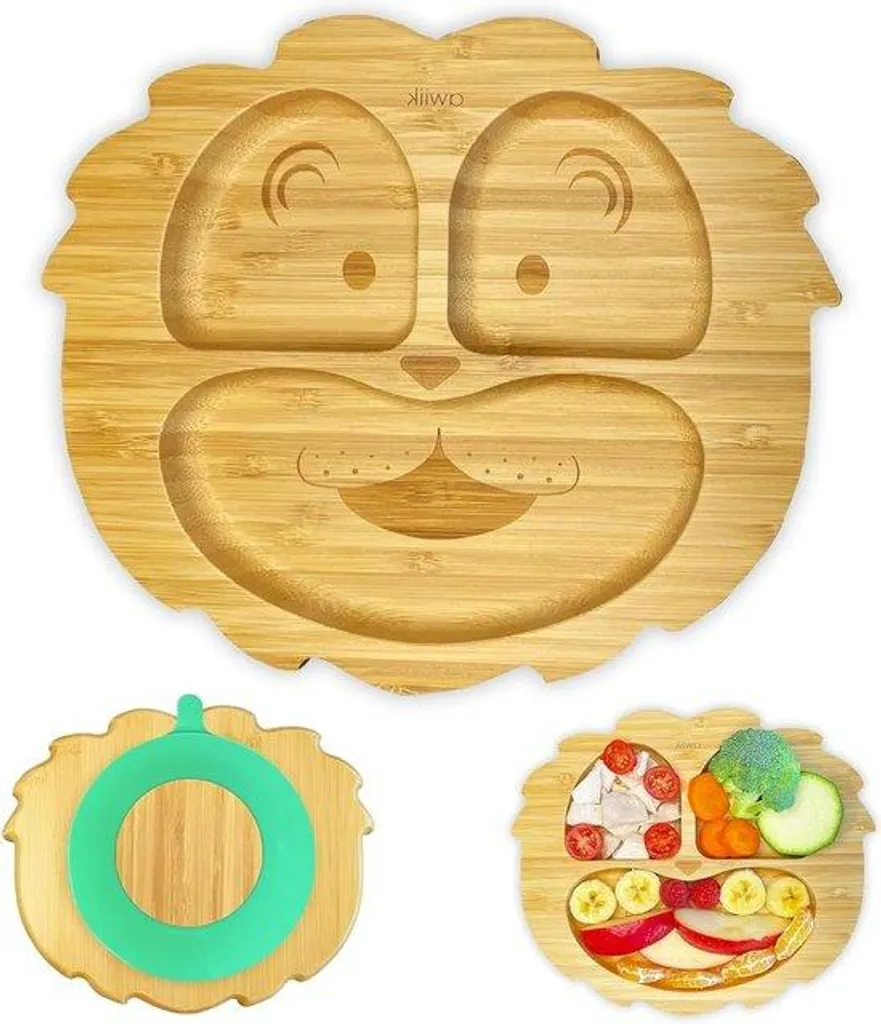 Assiette bambou bébé ventouse puissante antidérapante lion vert bio 20cm