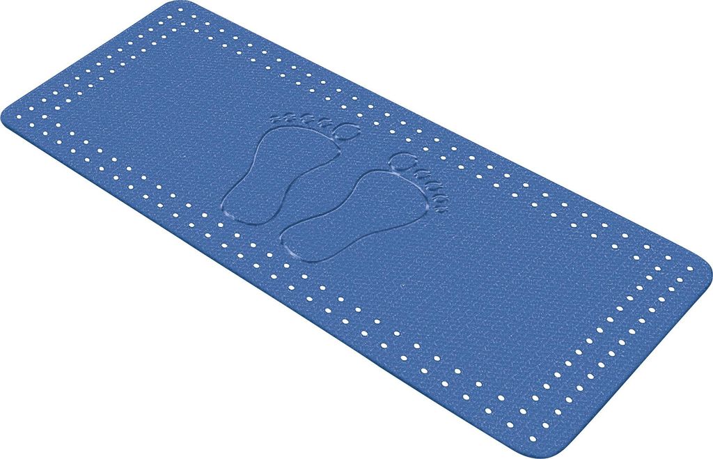 A blue bath mat with embossed footprints and a dotted border is shown against a white background.