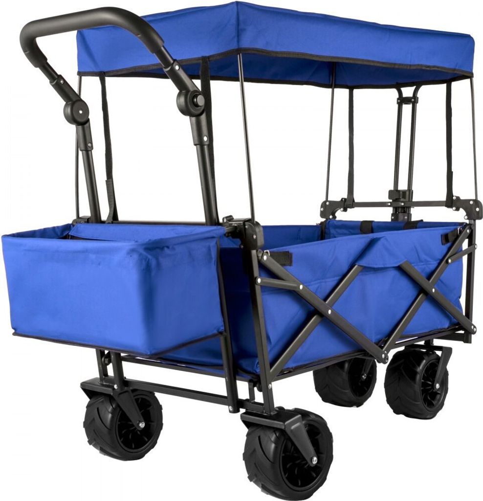 Gartenwagen Falten 92,7 x 54,3 x 98,5 cm - Handwagen Faltbar 100 kg - Blauer Bollerwagen Mit Dach Und Luftreifen - 600D Oxford Polyester - Klappbarer