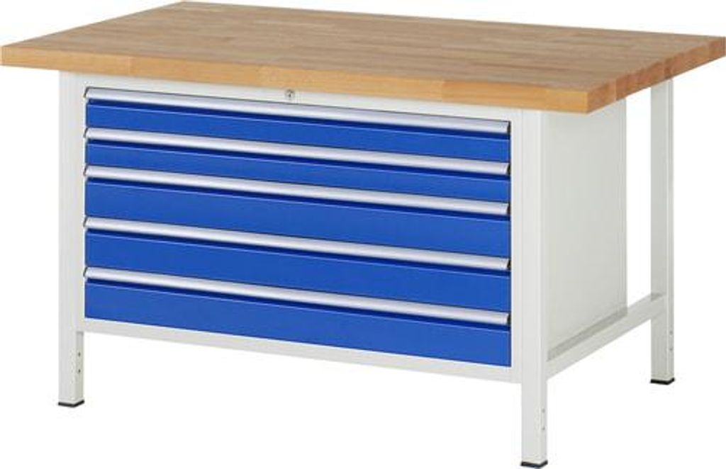 Werkbank mit 5 XXL Schubladen - Vollauszug - 90:2 / 120:3 - 840 x 1.500 x 900 mm (HxBxT) - Traglast 1.250 kg - Buche