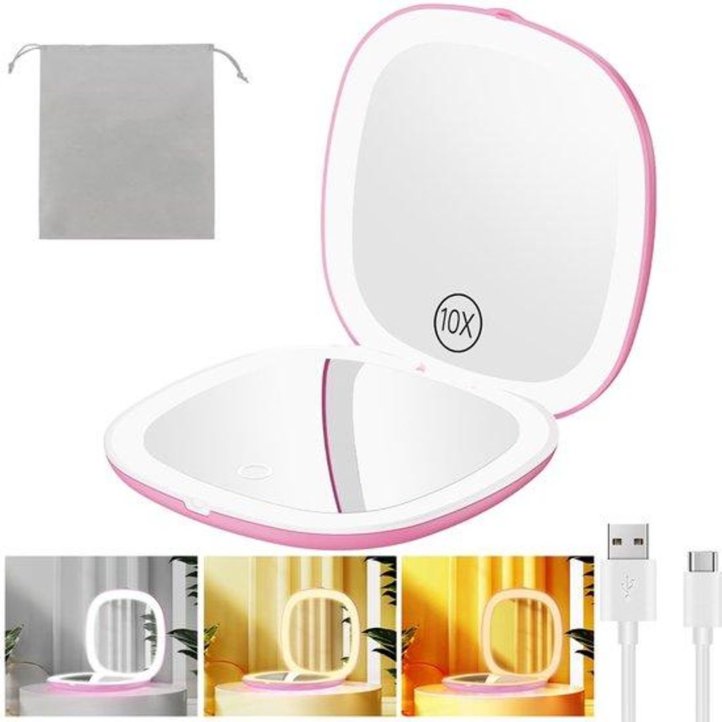 Kompakte oplaadbare spiegel 3,9" met 1x/10x vergroting, 3 lichtkleuren, instelbare helderheid, reisspiegel, kleine make-upspiegel, opvouwbare zaksp...