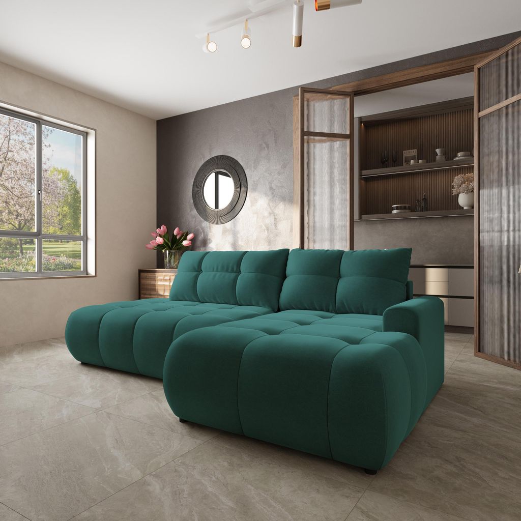 Masseno Ecksofa FLUMA CL R-S mit Schlaffunktion L-Form, Sofa mit Bettkasten, Wohnzimmersofa, Couch, Soffa, Bettsofa, Couchgarnitur- Blau, CASTEL 75