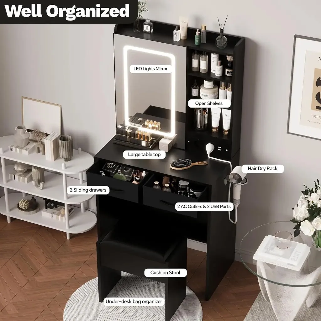 Coiffeuse LED Compacte avec Chargeur USB et Rangement - Noir - Pack Complet - 7