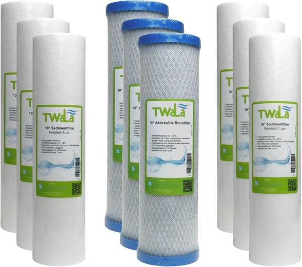 TWaLa 10' Filter Set 9-teilig für 1,5 Jahre Trinkwasser Filter für RO Umkehrosmose, Brunnenwasser, Wasserfilter