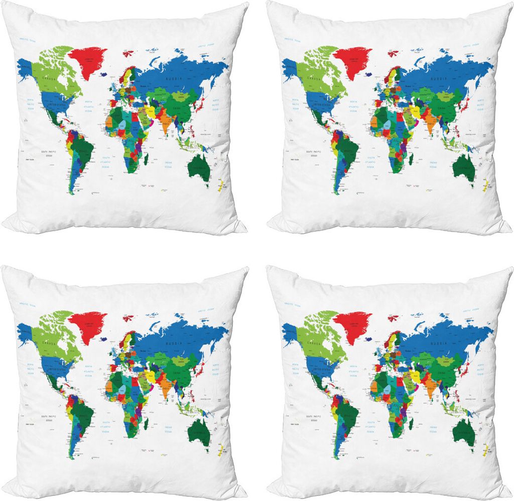 ABAKUHAUS Weltkarte Kissenbezug Set (4 Stück), Bunt politisch, Moderner Doppelseitiger Digitaldruck, 50 cm x 50 cm, Mehrfarbig