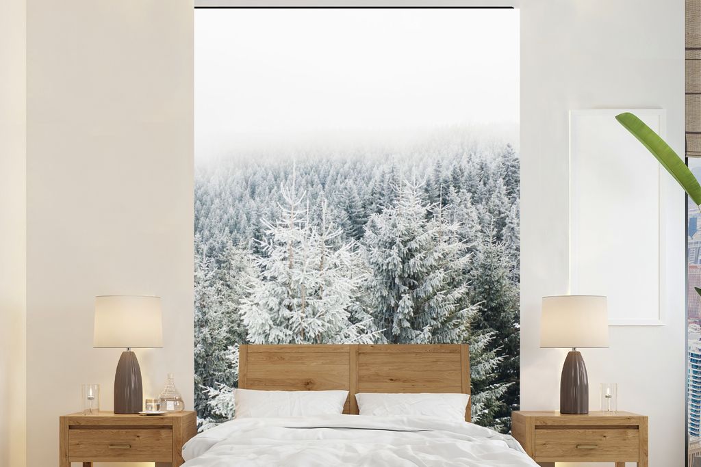 MuchoWow Fototapete für Wohnzimmer oder Schlafzimmer Wandtapete Vinyl Motivtapete Wald - Schnee - Winter - Jahreszeiten - Tannenbaum - 155x240 c...