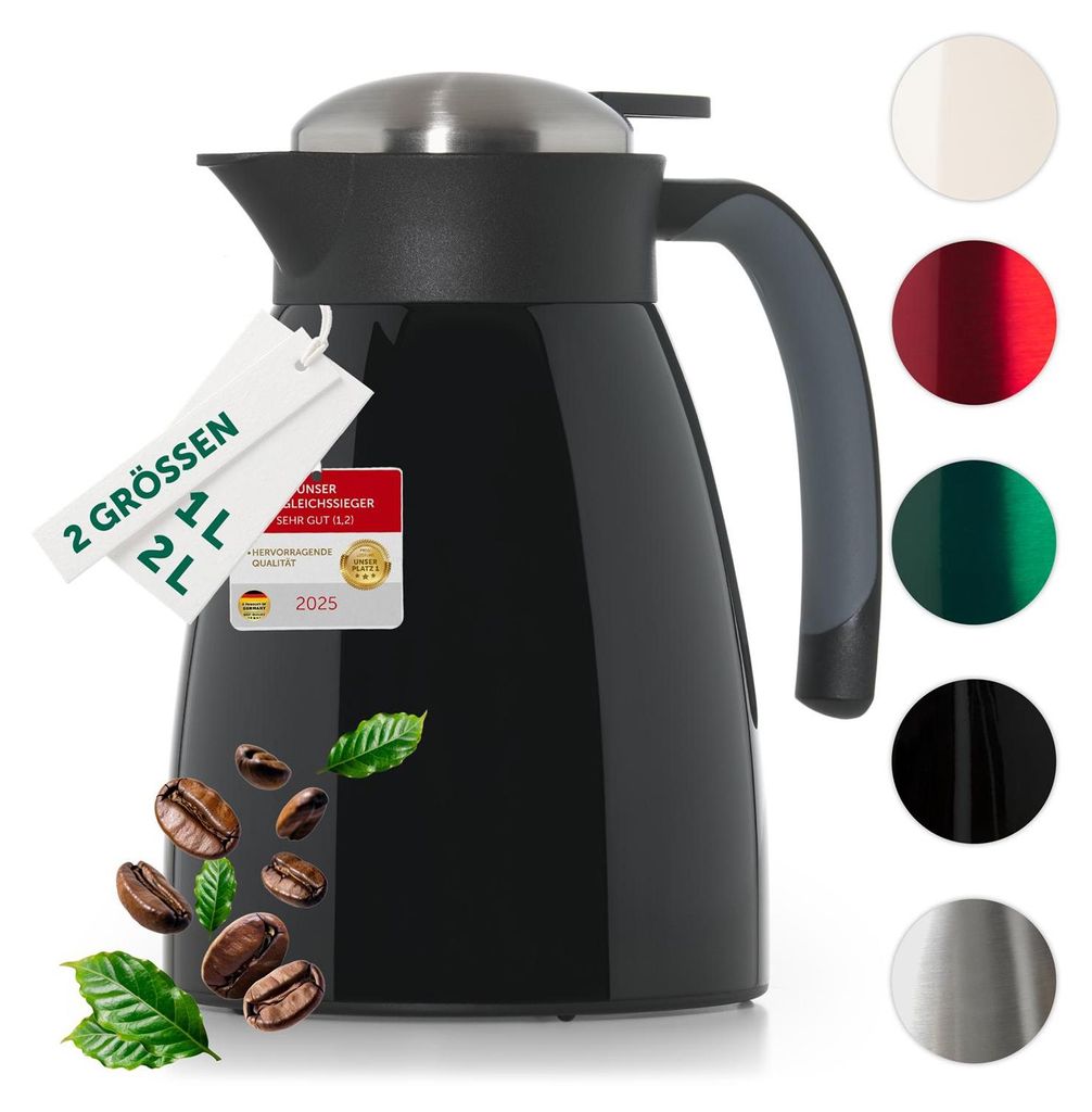 A black thermos jug is shown with various color swatches and product information tags.