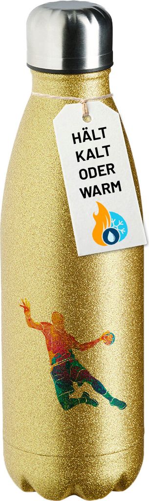 Huuraa Trinkflasche bunte Handball Silhouette 500ml Gold Edelstahl Wasserflasche Trinkflasche Geschenkidee
