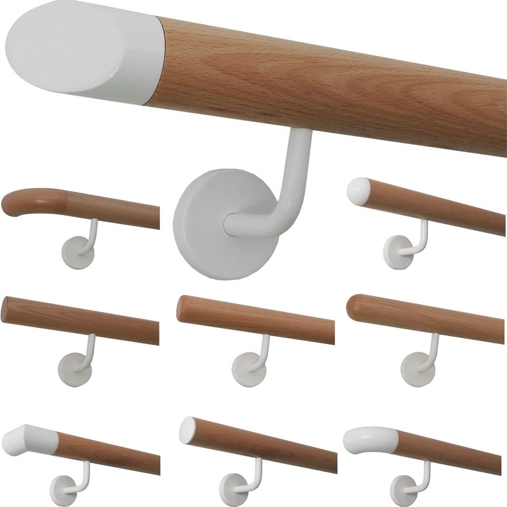 TIBU Buche Handlauf Holz Geländer 0,3m - 5m, Länge 4,0 m mit Enden schräges weißes Endstück und weiße Edelstahlhalter