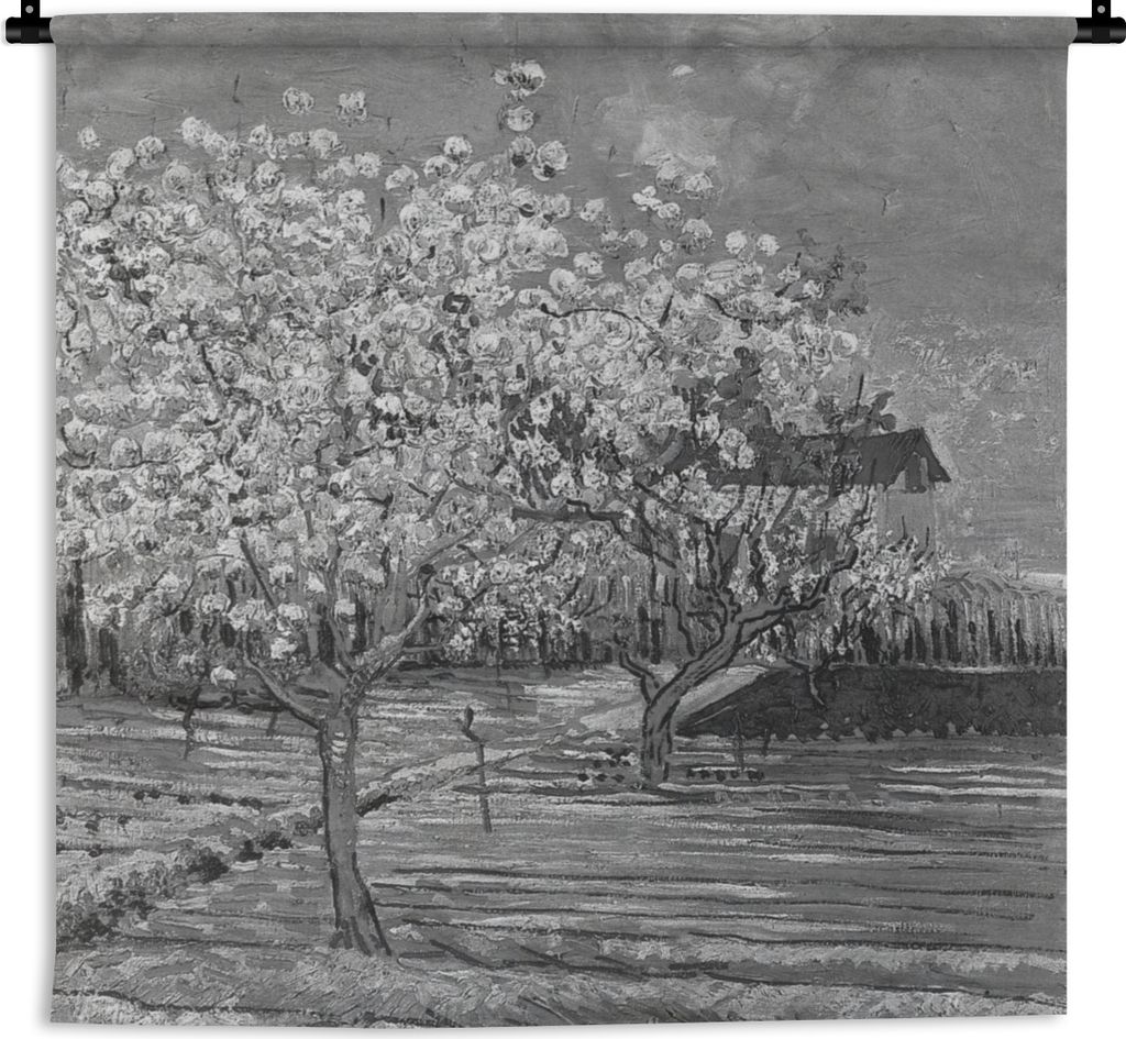 MuchoWow Wandteppich Wandbehang Mandelblüte - Vincent van Gogh - Schwarz - Weiß 60x60 cm Tapisserie Dekoration Wandtuch - Dekorationen - Wand D...