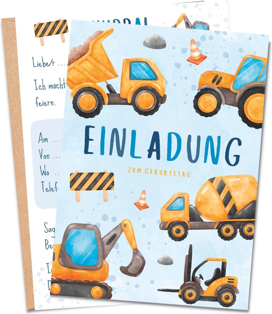 MeinBaby123 10 Einladungskarten Kindergeburtstag inkl. Umschläge | Bagger