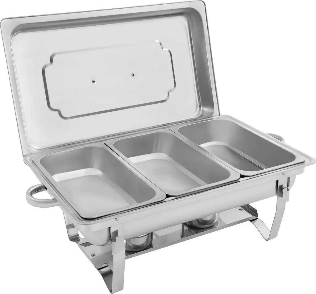 Chafing-dish 3 compartiments pratique en inox brillant pour réception
