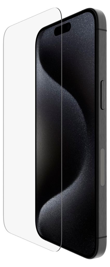 A screen protector is shown being applied to a smartphone.
