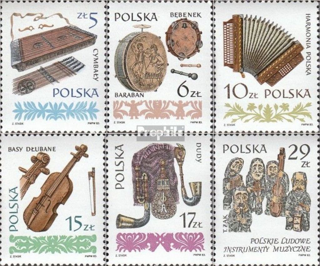 Briefmarken Polen 1984 Mi 2899-2904 (kompl.Ausg.) postfrisch Alte Musikinstrumente