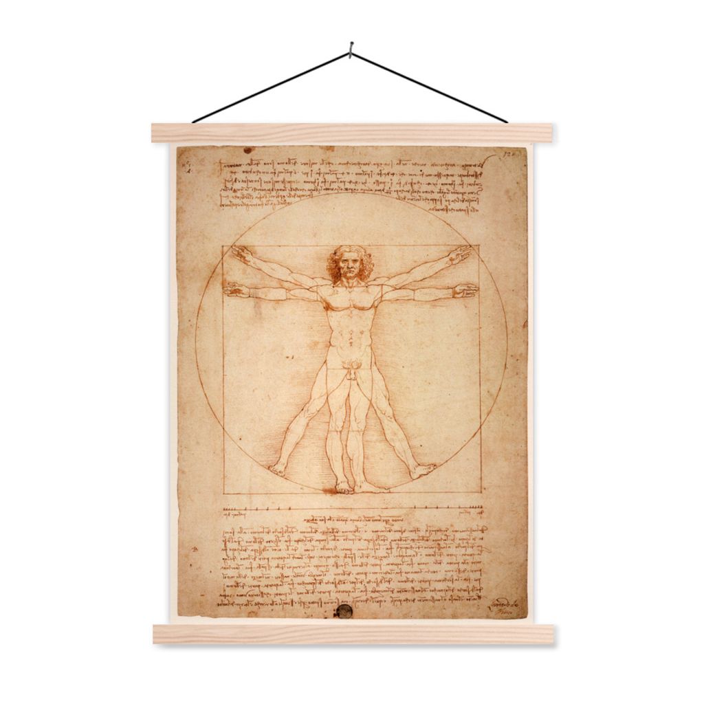 MuchoWow Textilposter Der vitruvianische Mensch - Leonardo da Vinci 60x80 cm mit holzfarbenen Rahmen - Wandbild