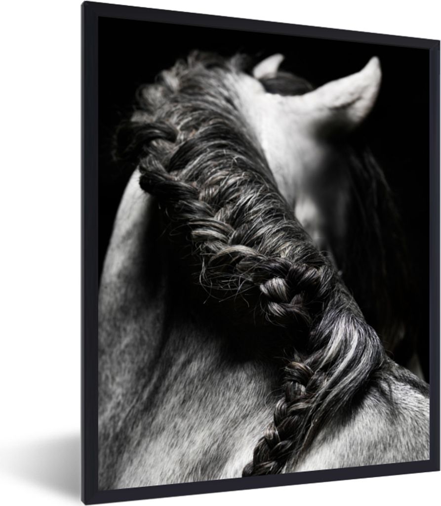 MuchoWow MuchoWow Gerahmtes Poster Pferd - Zöpfe - Schwarz und weiß 60x80 cm - Poster mit zchwarzem Bilderrahmen - Premium - Wanddeko Wohnzimmer
