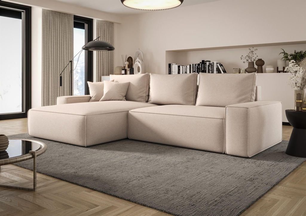 Ecksofa Schlafsofa Sofa WALKEN Stoff Aragon Creme Ottomane Produktbild 