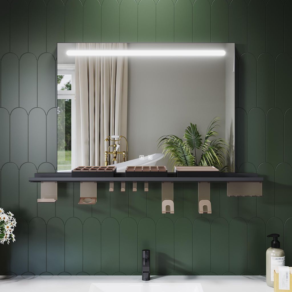 SONNI Badezimmerspiegel 80 x 60 cm, dreifarbig, dimmbar, RA90, beschlagfrei, mit multifunktionaler Ablage