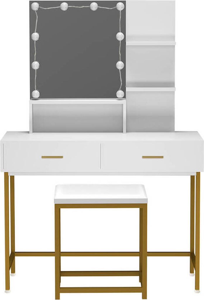 HOME DELUXE - Schminktisch KASIA - Farbe: Weiß, Gestell: Gold - 145 x 100 x 40 cm, 10 LED ́s wählbar zwischen 3 Lichtfarben, steuerbar über Touc...
