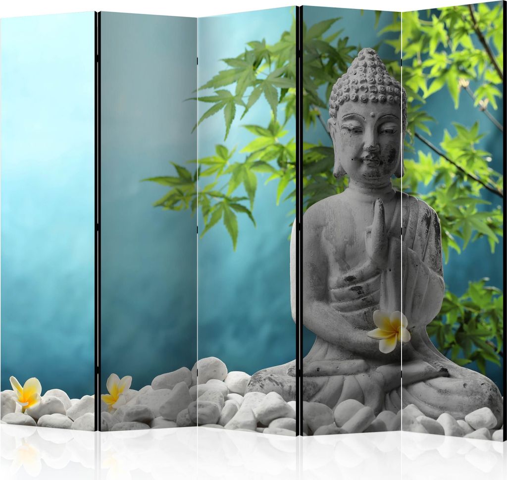 Neuheit! Dekorativer Paravent Raumteiler Trennwand Foto-Paravent Spanische Wand XXL Buddha Zen Orchidee Grau Blau Grün 225x172 cm b-B-0185-z-c