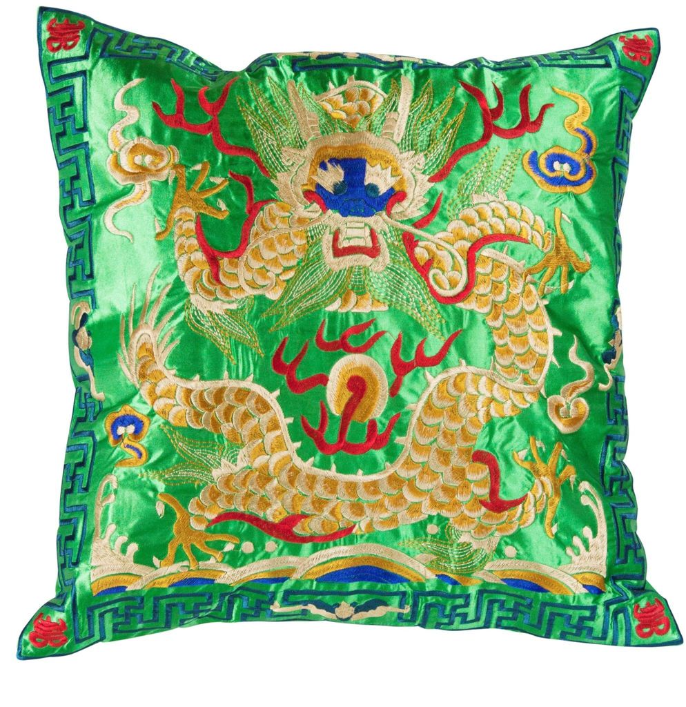 Fine Asianliving Chinesischer Kissenbezug Handbestickt Grün Gelber Drache 45x45cm Ohne Füllung Baumwolle Japanisch Orientalisch Asiatischer Stil