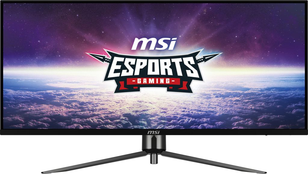 A computer monitor displaying an MSI esports logo against a cosmic background.