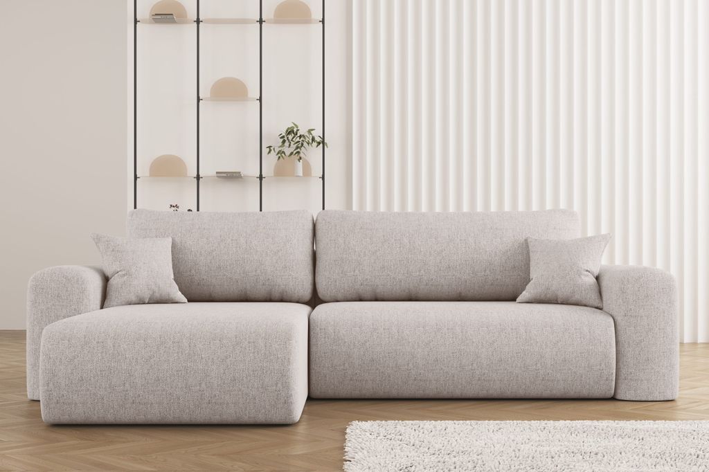 Ecksofa mit Schlaffunktion und Stauraum für Bettzeug, L-förmiges ,Capri Stoff Verita Links Ecru